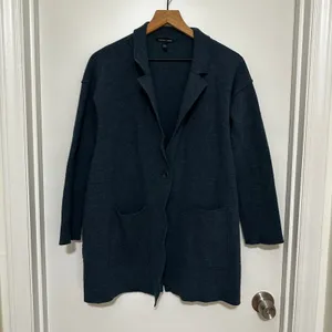Eileen Fisher | Merino Wool Blend Teal Blue Notched Lapel Cardigan Blazer, S thumbnail 2