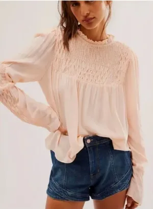 Free People Smocked in Time‎ Romantic Billowy Peach Pink Ethereal Top Sz Small thumbnail 1