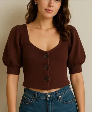 Free People Brown Cropped Puff Sleeve Cardigan thumbnail 10