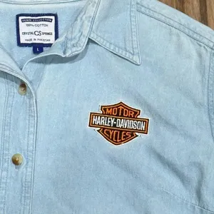 Harley Davidson Vintage Embroidered Naples Button Down Denim Shirt Women’s Large thumbnail 2