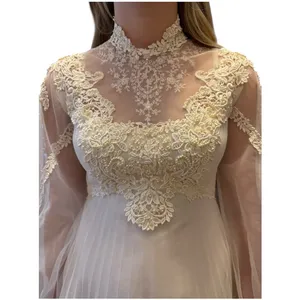 Vintage 1960s Lace Illusion High Neck Bridal Wedding Gown w/ Train XS thumbnail 5
