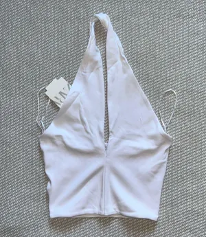 Zara White V Neck Cotton Cropped Halter Top Sz M thumbnail 2