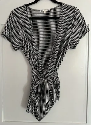 7 For All Seven Mankind Wrap Top Women L Black White Stripe Pima Cotton Tie thumbnail 1