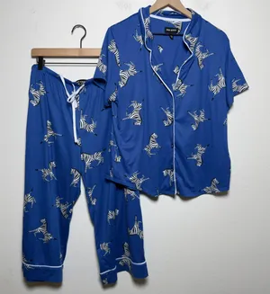 Room Service Womens Pajama Set Large Blue Zebra Print Short Sleeve Crop Pants thumbnail 1