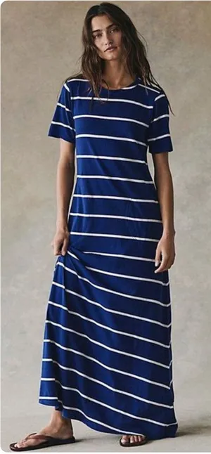 NWT Free People Womens Blue Sleek And Striped Cotton Jersey Coastal Maxi Dress M thumbnail 1
