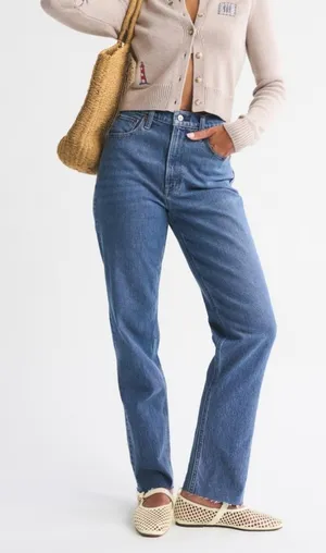 Abercrombie Curve Love Jeans 90s slim straight ultra high rise medium wash raw thumbnail 1