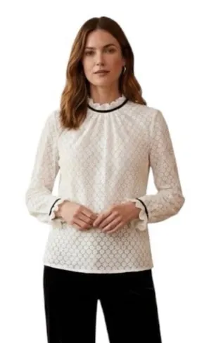 Gap White Ivory Lace Ribbon Trim Blouse High Neck Semi Sheer L Victorian thumbnail 1