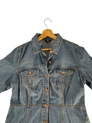 Frye Denim Shirt Dress Womens L Western Long Sleeve Button Front Mini Blue thumbnail 6