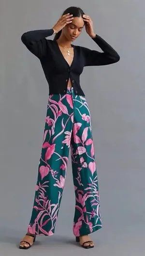 Anthropologie Breezy Tropical Floral Wide Leg Satin Pant Women's Size: 0 thumbnail 1