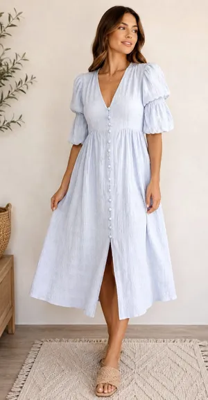 Chelsea & Violet Blue Button Front Midi Dress Puff Sleeve Cottagecore Boho 2 thumbnail 1