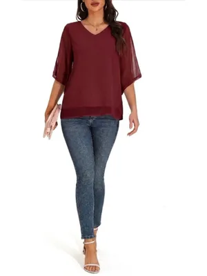 NEW Ruffle 3/4 Sleeve Chiffon Tops V Neck 2 Layers Blouse M thumbnail 7