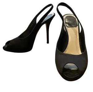 Christian Dior Black Satin Peep Toe Slingback Platform Heels Women Size 37 thumbnail 1