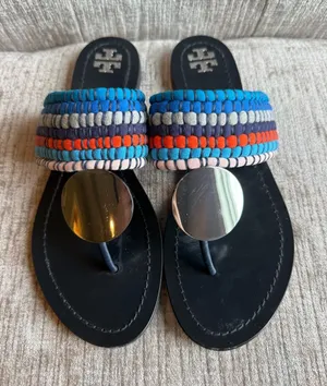 Tory Burch Women's Patos Sport Blue Silver Disk Thong Sandals Flip Flops thumbnail 1