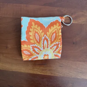 Handmade Light Blue Orange Floral Coin Pouch with Keychain Clip Zip Closure thumbnail 2