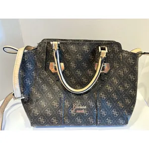GUESS brown logo-print satchel with contrasting beige top handles thumbnail 5