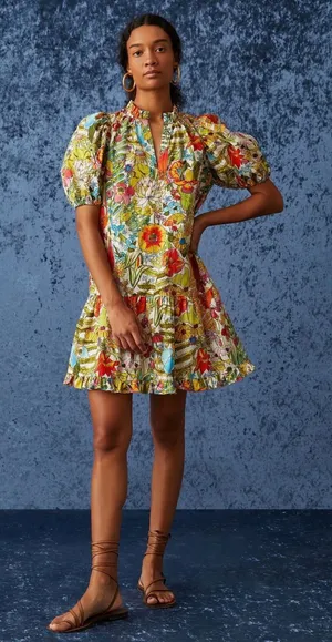 Marie Oliver Clara Floral Palm Mini‎ Dress Sz XS Multi Puff Sleeve Tiered Resort thumbnail 1