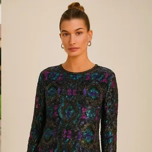 Vintage Art Deco 100% Silk Sequin & Beaded Top M thumbnail 2