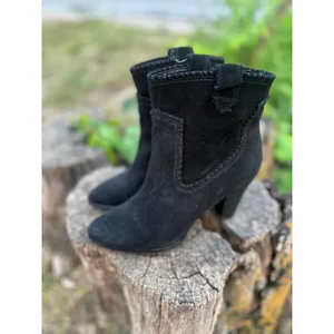 Black Suede Western Ankle Boots Whipstitch Pointed Toe Cone Heel Booties thumbnail 3