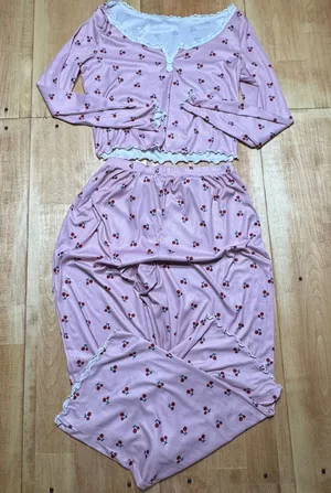Pink Cherry Print Ribbed Pajama Set Lace Trim Lettuce Edge XL Loungewear thumbnail 1