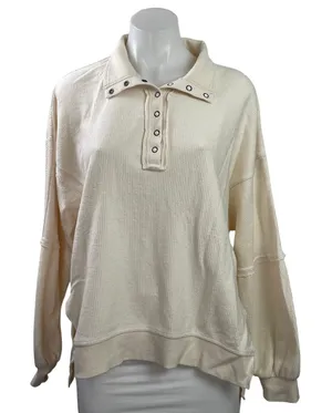 Thread + Supply Women's Cream Long Sleeve Snap Rib Knit Polo Sweatshirt Top M thumbnail 1