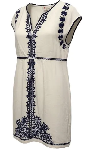 Boden Shift Dress Sz 16 Ivory Navy Blue Embroidered Linen V-Neck Boho Vacation thumbnail 1