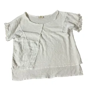 JBL Monica Italian Linen Patchwork Top Womens OS White Boho Frayed Raw Hem Gauze thumbnail 1