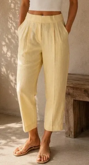 Aritzia Babaton Linen Butter Yellow Light Weight Pull On Pleated Pants Size 6 thumbnail 1