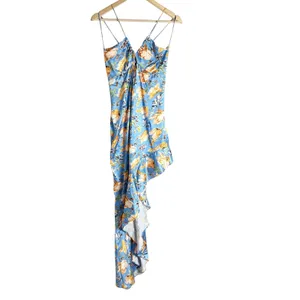 Nookie Simone Blue Floral Satin Asymmetrical Ruffled Cut Out Cocktail Dress L thumbnail 6