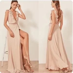 Reformation Peppermint Dress maxi gown Champagne‎ Blush Nude Ruffled Wrap Medium thumbnail 3