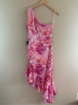 Lulus Divinely Blooming Pink Multi Floral One-Shoulder Midi Dress Size Small NWT thumbnail 5