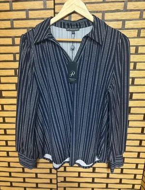 Adrianna Papell Blue And White Long Sleeve Polo Blouse SIze‎ Large thumbnail 1