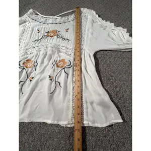 POL Embroidered Floral Lace Blouse Women‎ S White WFT45 Boho Crochet Pintuck Top thumbnail 8