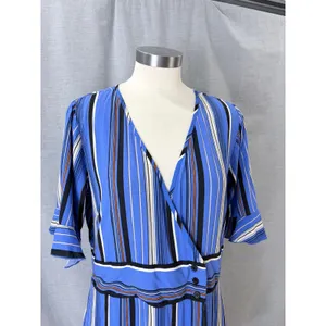 Band Of Gypsies Blue Striped Faux Wrap Dress Flutter Sleeve‎ Ruffle Hem L thumbnail 4