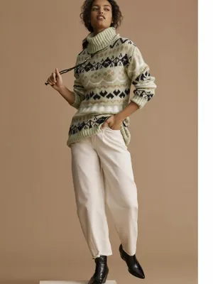 Anthropologie Fair Isle Mint Green Turtleneck Tunic Chunky Sweater - Size M thumbnail 2