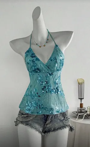 Blue Beaded tank top thumbnail 1