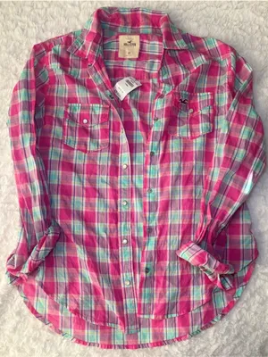 Hollister Women’s Pink & Teal Plaid Button-Down Shirt thumbnail 1