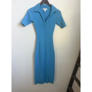 Caroline Constas Blue Knit Ribbed Crochet Collar Bodycon Dress Size S thumbnail 2