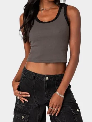 Edikted Alix Lacey Ribbed‎ Gray Scoop Crop Black Lace Trim Tank Top thumbnail 1