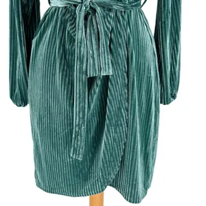 MEROKEETY Teal Ribbed Velvet Wrap Dress Long‎ Sleeve Tie Waist Size Large thumbnail 6