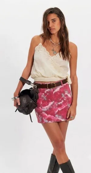 Free People Modern Femme Denim Mini Skirt Flamingo Flame Size 2 Small Tie Dye thumbnail 1
