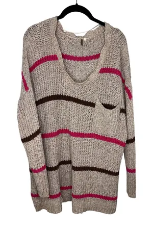 Free People Oversized Loose Knit V-Neck Sweater Size Large Striped Pink Brown thumbnail 1