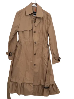 Genuine People Beige Khaki Cotton Ruffle Hem Belted Trench Coat Medium M thumbnail 3