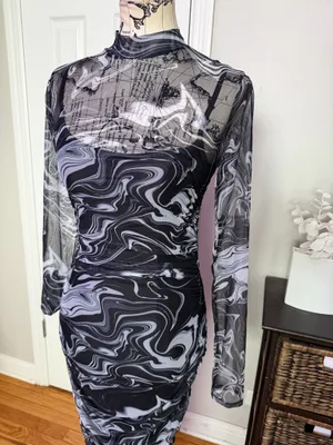 NWOT Akira marble High-Neck Print mesh y2k Bodycon Dress swirl pattern ruched Sz M black/white long sleeve thumbnail 3