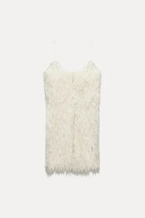 Zara White Feathered fringed Fluffy mini Dress party cocktail evening wedding thumbnail 11