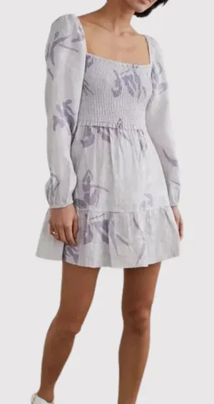 Aritzia Babaton Dress Gray Mini Floral Organic Linen Smocked Babydoll Boho Small thumbnail 1