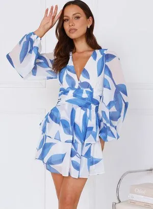 Hello Molly DREAMY DESTINATIONS LONG SLEEVE MINI DRESS BLUE size large thumbnail 1