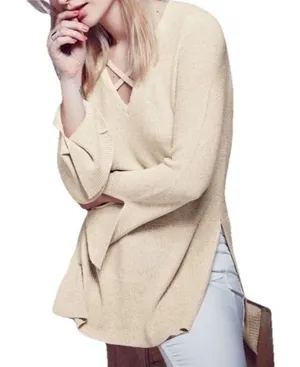 Free People Sweater Criss Cross Tunic V-Neck Long Sleeve Cream Size L thumbnail 1