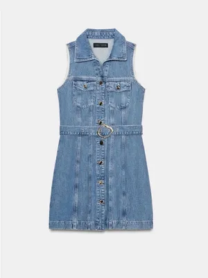 Zara Sleeveless Denim Button-Front Mini Dress in Blue with Belt thumbnail 6