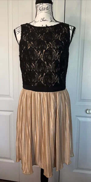 Rewind Black Lace Top with Gold Pleated Skirt Mini Dress thumbnail 1