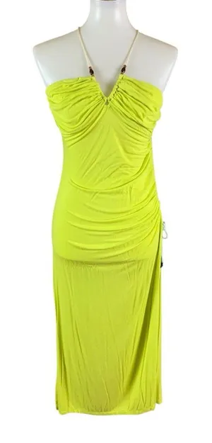 Free People Bright Green Ruched Bodycon Midi Dress M‎ Y2K Festival Vacation thumbnail 1